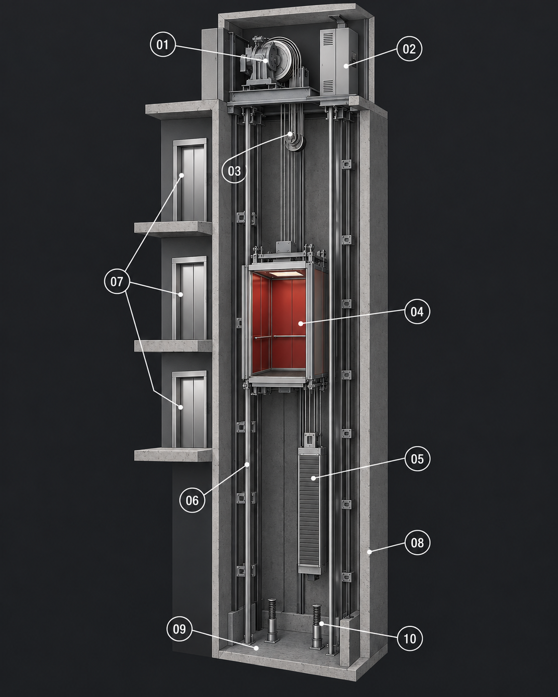 Traction elevator mechanical cutaway diagram illustrating car, counterweight, drive machine, and hoistway rails